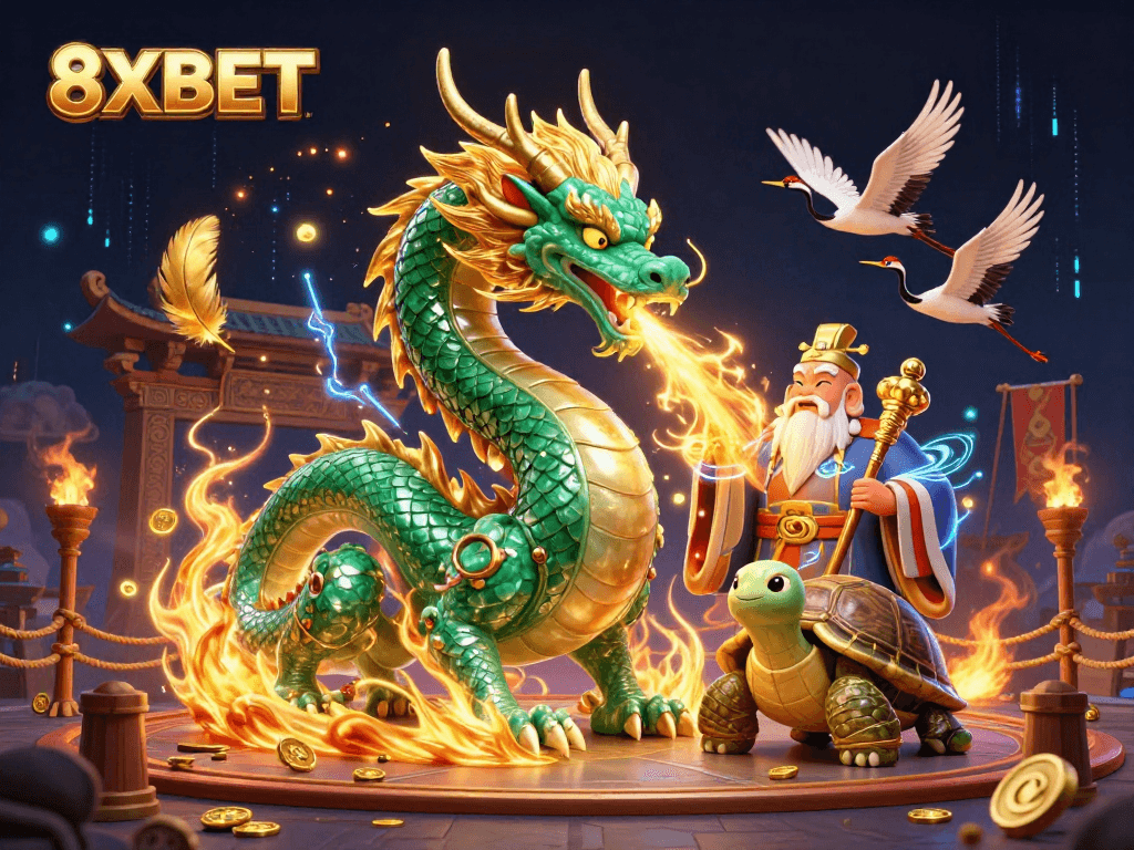 8XBET showcases an enchanting scene with a jade dragon and turtle sage in a vibrant casino setting.
