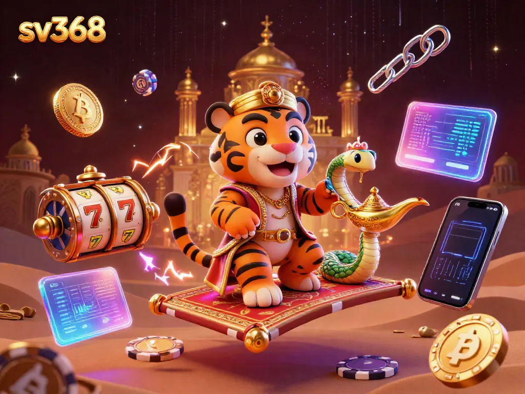 Experience thrilling wins at sv368 featuring a tiger sultan atop a poker chip carpet amidst vivid casino elements.