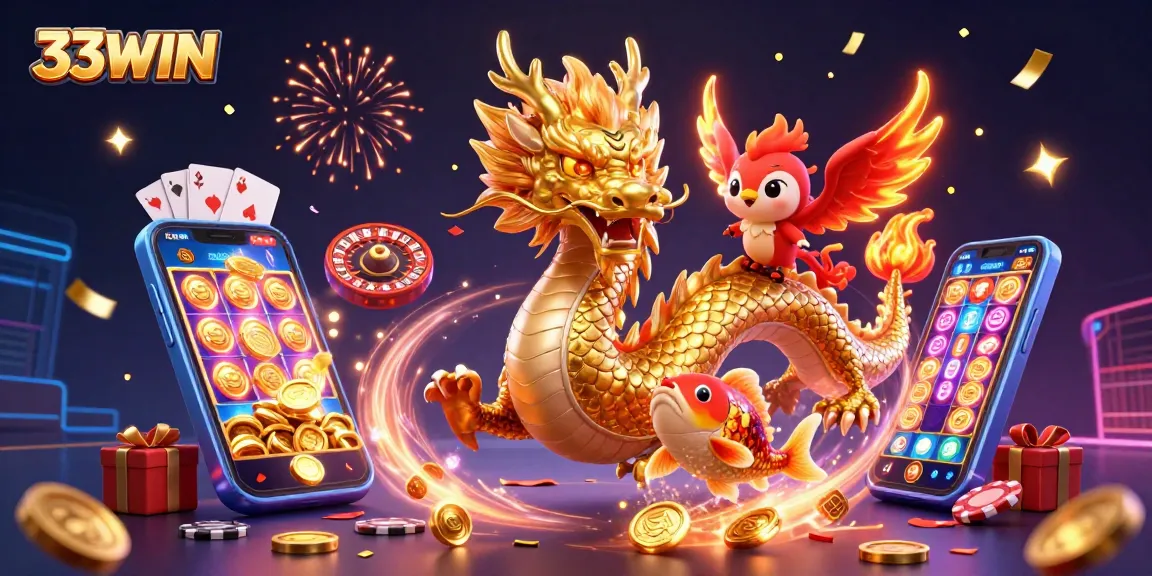 Experience thrilling wins at 33WIN with vibrant slot games surrounded by dazzling dragons and festive elements.