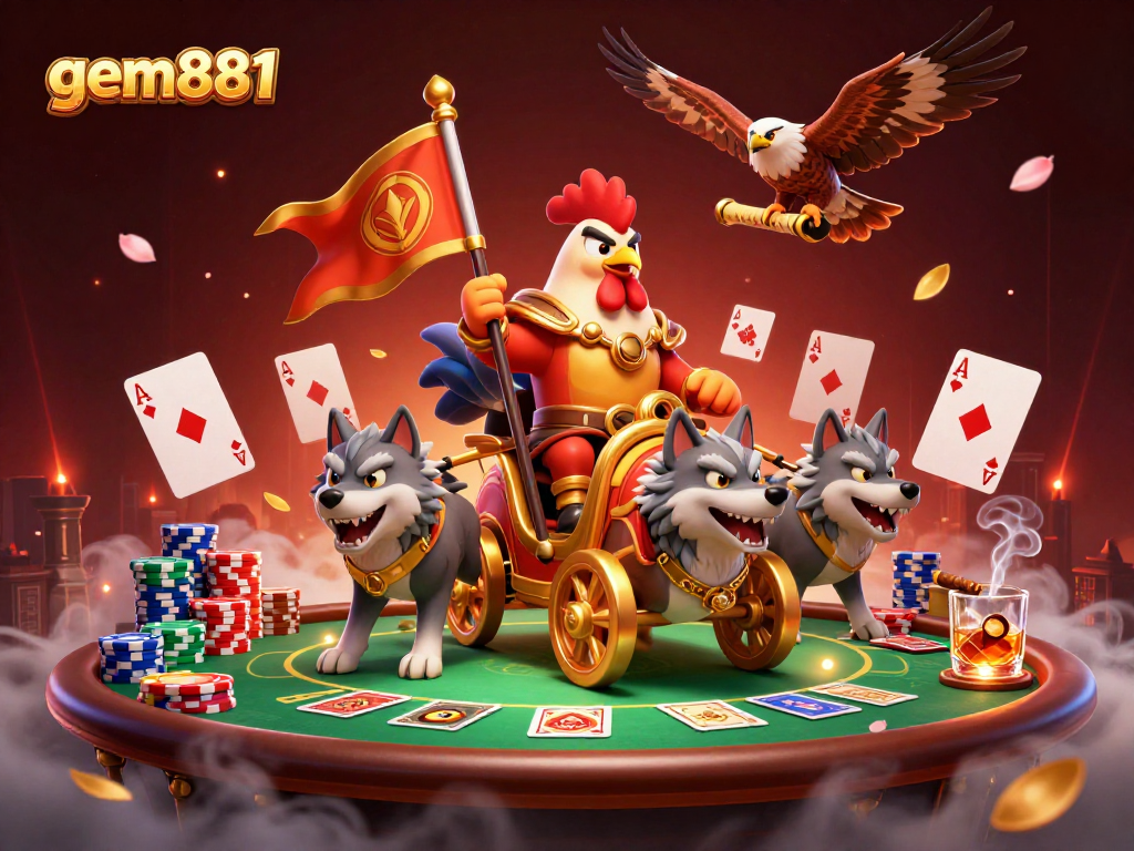 Watch gem881's epic showdown with a unique poker-themed 3D illustration of a rooster warlord.