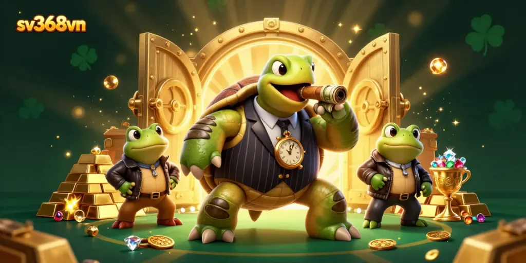Spin and win at sv368vn with a vibrant casino scene showcasing a cartoon turtle and bullfrog enforcers.