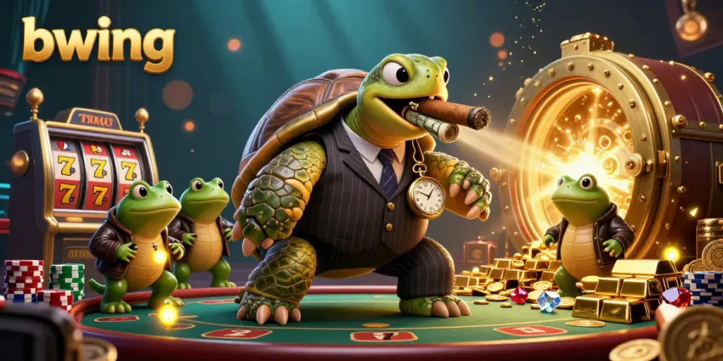 Engage with the vibrant bwing casino scene featuring a snapping turtle in a mobster suit and bullfrog enforcers amidst slot reels and treasures.
