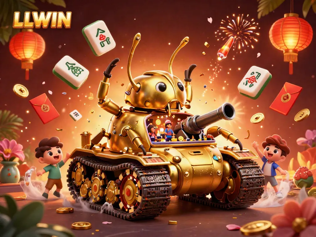 Engage with LLWIN's vibrant casino experience inside a unique golden beetle tank filled with gaming excitement.