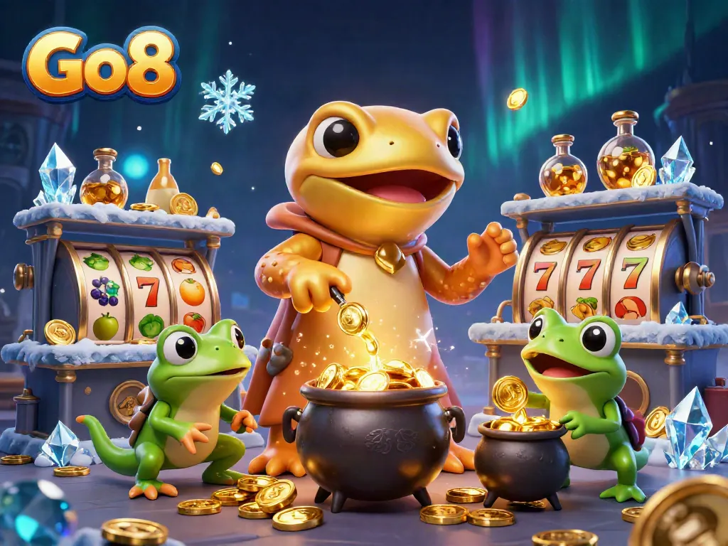 Go8 showcases a vibrant casino atmosphere with a golden salamander alchemist creating wealth amidst dynamic slot reels.