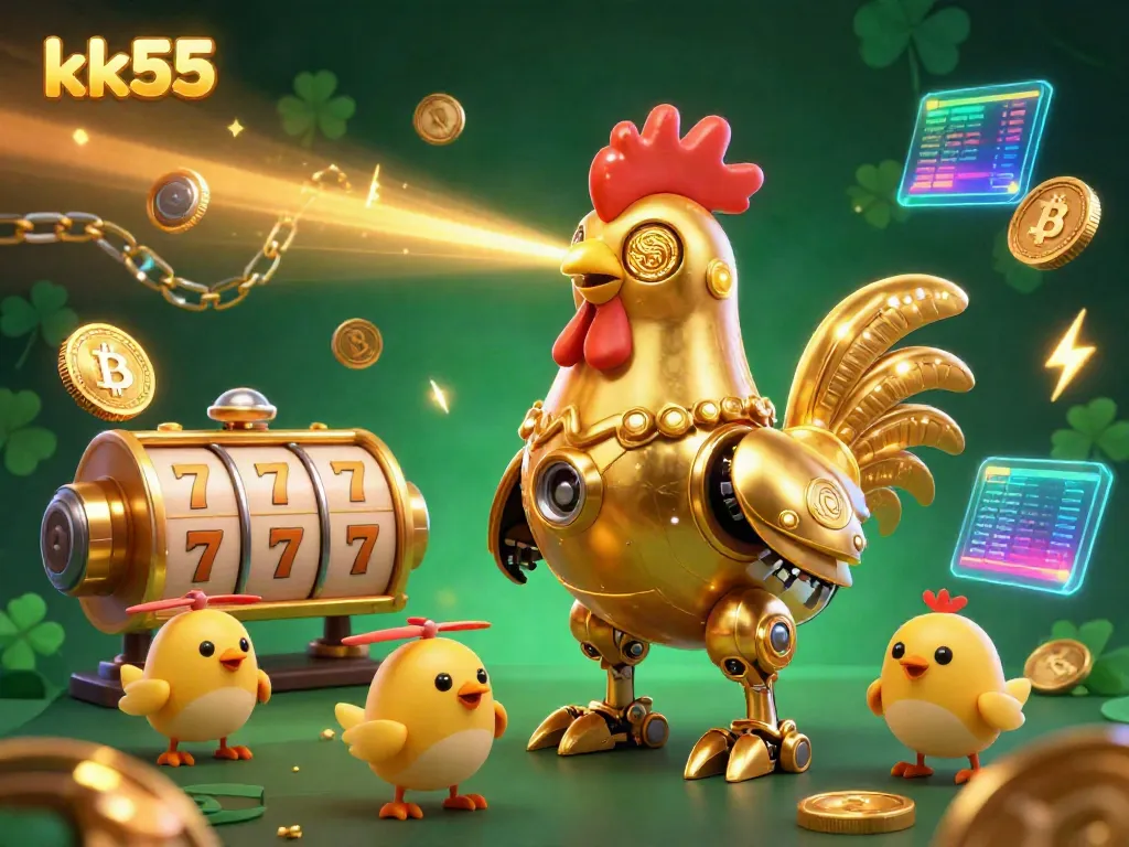 Engage with luck at kk55 with a vibrant 3D scene featuring a golden rooster robot surrounded by slot reel elements and crypto coins.