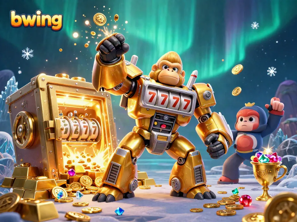 Engage with bwing's vibrant casino world as a golden gorilla mech busts through treasures, showcasing thrilling slot action.