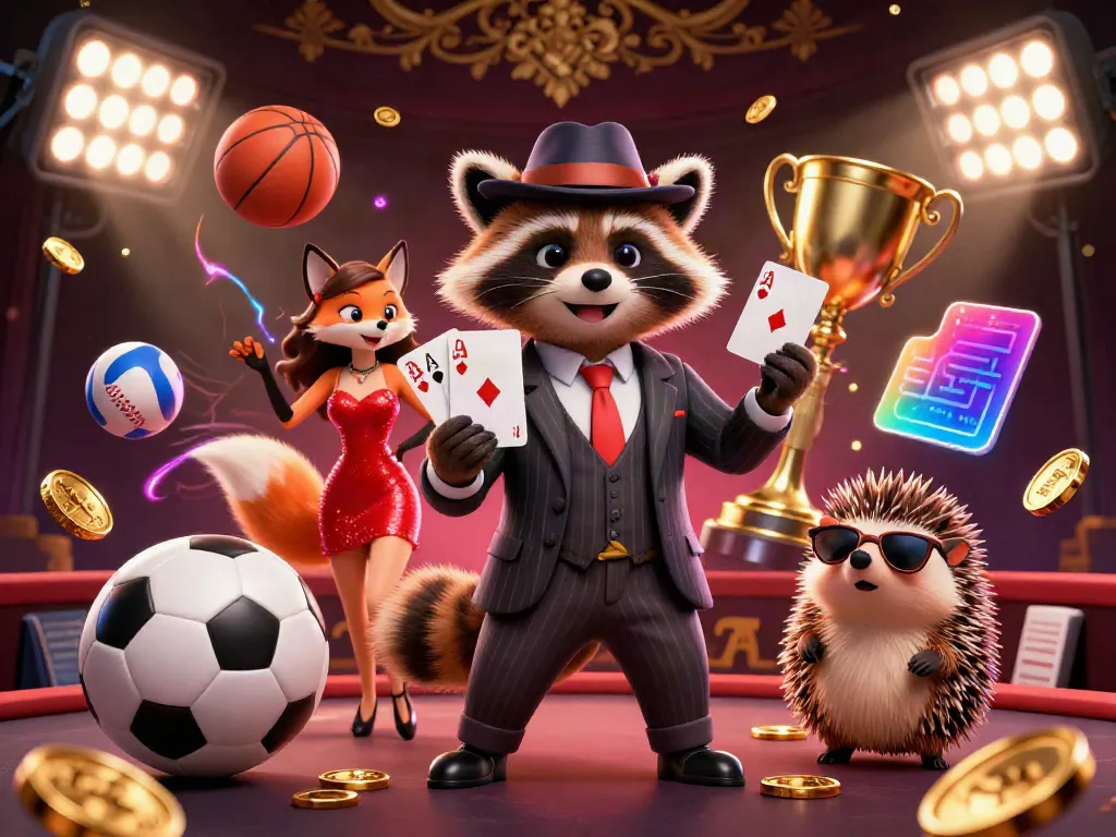 Experience the thrill of betting at keonhacai2 with a raccoon holding a royal flush amidst dynamic sports elements.