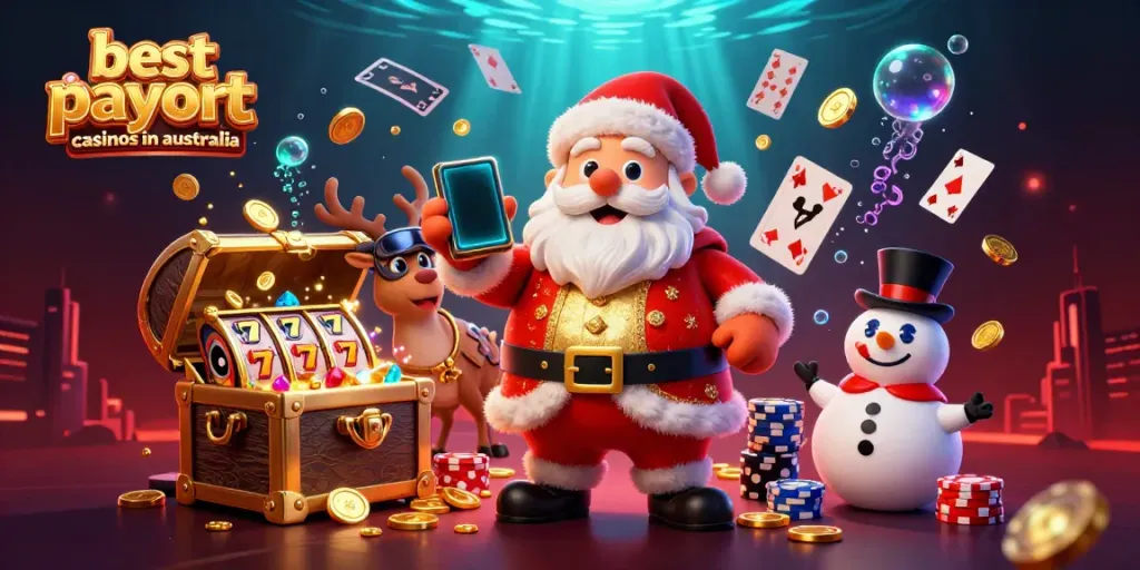 Win big with the best payout casinos in australia featuring Santa and friends in a festive casino scene.