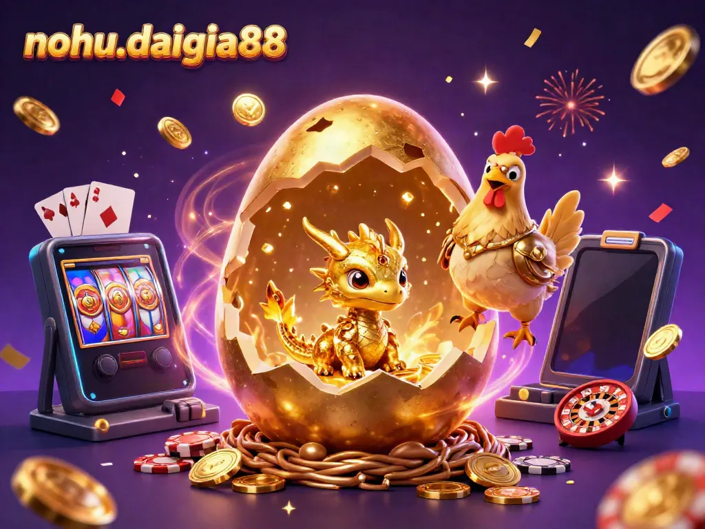 Nohu-daigia88 reveals golden baby dragon amidst poker chips, showcasing vibrant casino game elements.