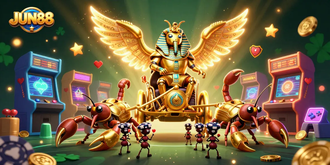 Experience the thrilling energy of JUN88 with vibrant characters and dynamic casino game elements in a 3D digital illustration.