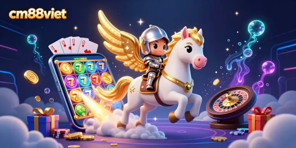 Experience fun gameplay at cm88viet with vibrant slot games and a magical knight on a golden-winged horse.