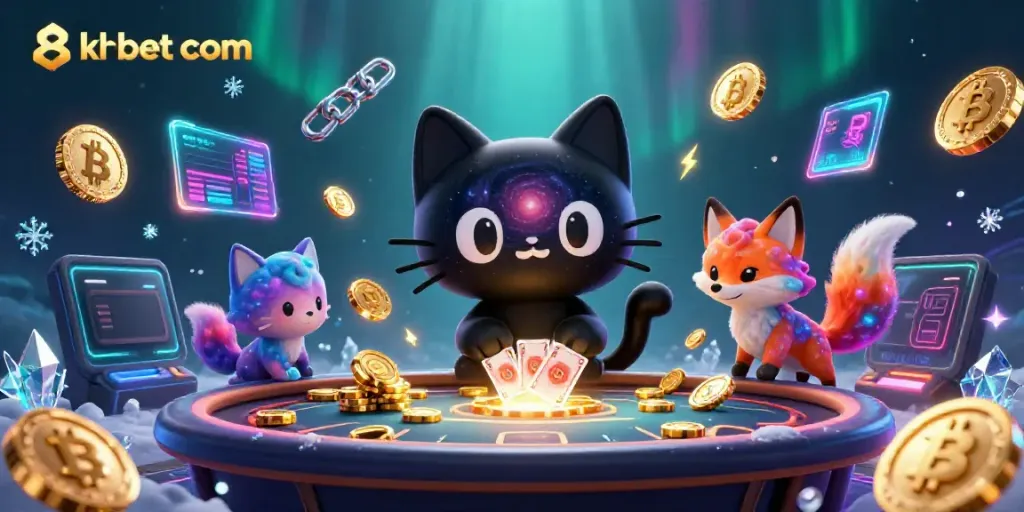 Engage with the dynamic scene of 8xbet com featuring a cosmic casino table with whimsical characters and cryptocurrency elements.