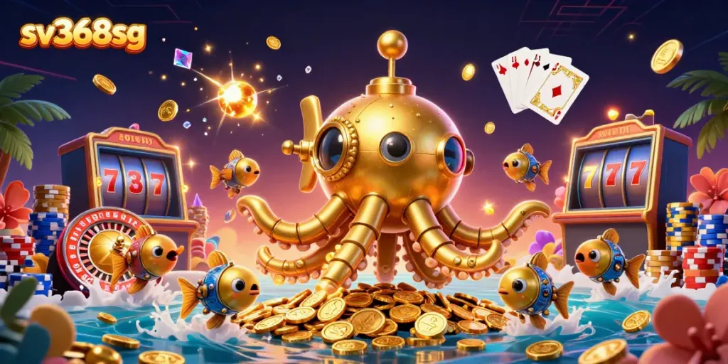 Engage with sv368sg's state-of-the-art casino experience, featuring a golden kraken submarine in a sea of coins.