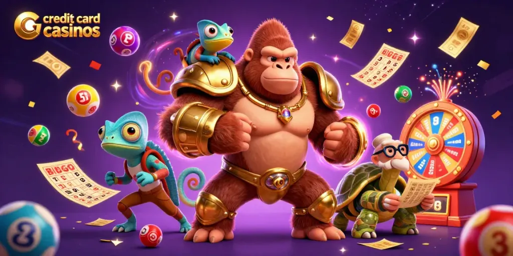 Experience thrilling action at credit card casinos with vibrant characters and casino elements.
