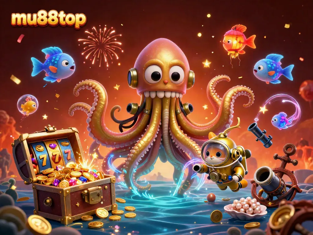 Experience thrilling jackpots with mu88top as a kraken rises, surrounded by ocean treasures and casino elements.
