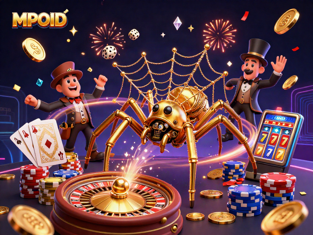 MPOID showcases a steampunk spider and Victorian fly in a vibrant 3D casino scene filled with golden coins.
