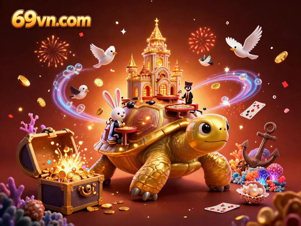 Engage with the vibrant casino world of 69vncom featuring a golden tortoise, rabbit dealer, and festive elements.