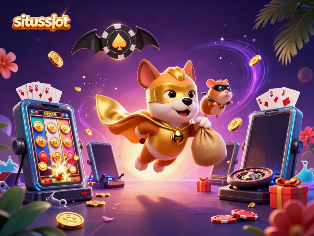 Engage with situs slot excitement featuring a superhero dog flying, gold coins cascading, and vibrant slot game visuals.