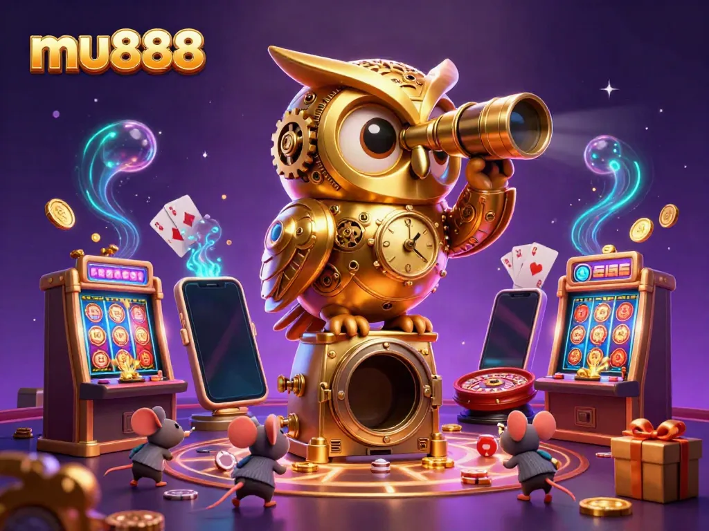 Immerse in the excitement of mu888 with a vibrant 3D illustration showcasing intricate casino elements and characters