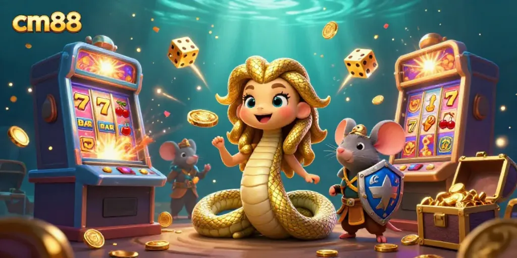 Experience the thrill of cm88 with a delightful Medusa and warrior mouse surrounded by dynamic casino elements.