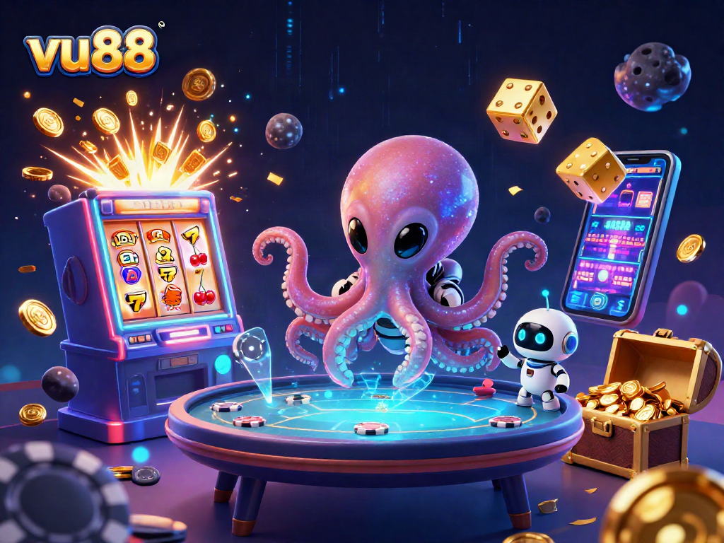 vu88 showcases a vibrant alien octopus at a holographic poker table, inviting you to join the excitement.