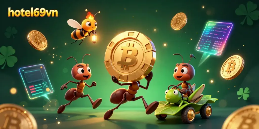 Join the heist at hotel69vn with ants carrying a giant poker chip amid glowing crypto coins.