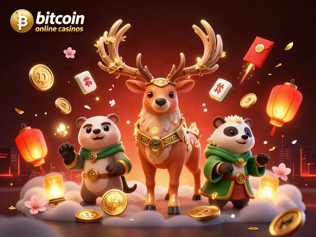 Explore thrilling bitcoin online casinos with dynamic characters and festive gaming elements illustrated.