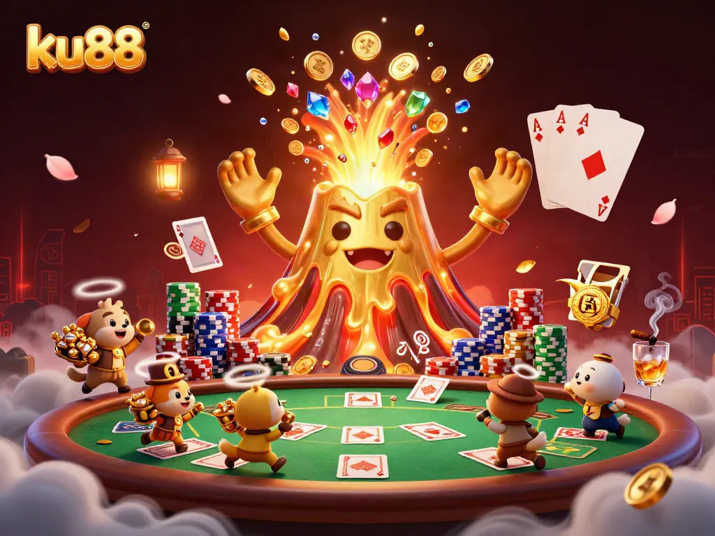 ku88 engages players in a thrilling 3D casino experience with a golden volcano, poker elements, and treasure.