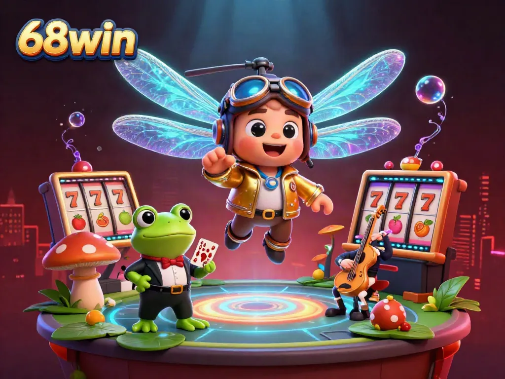 Engage in thrilling gameplay at 68win with a vibrant dragonfly pilot and a frog croupier in a lively casino setting.