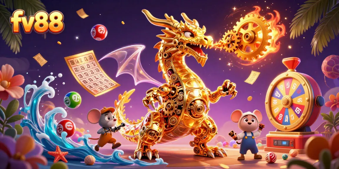 Experience the thrill of fv88 with vibrant lottery elements and a unique dragon character.