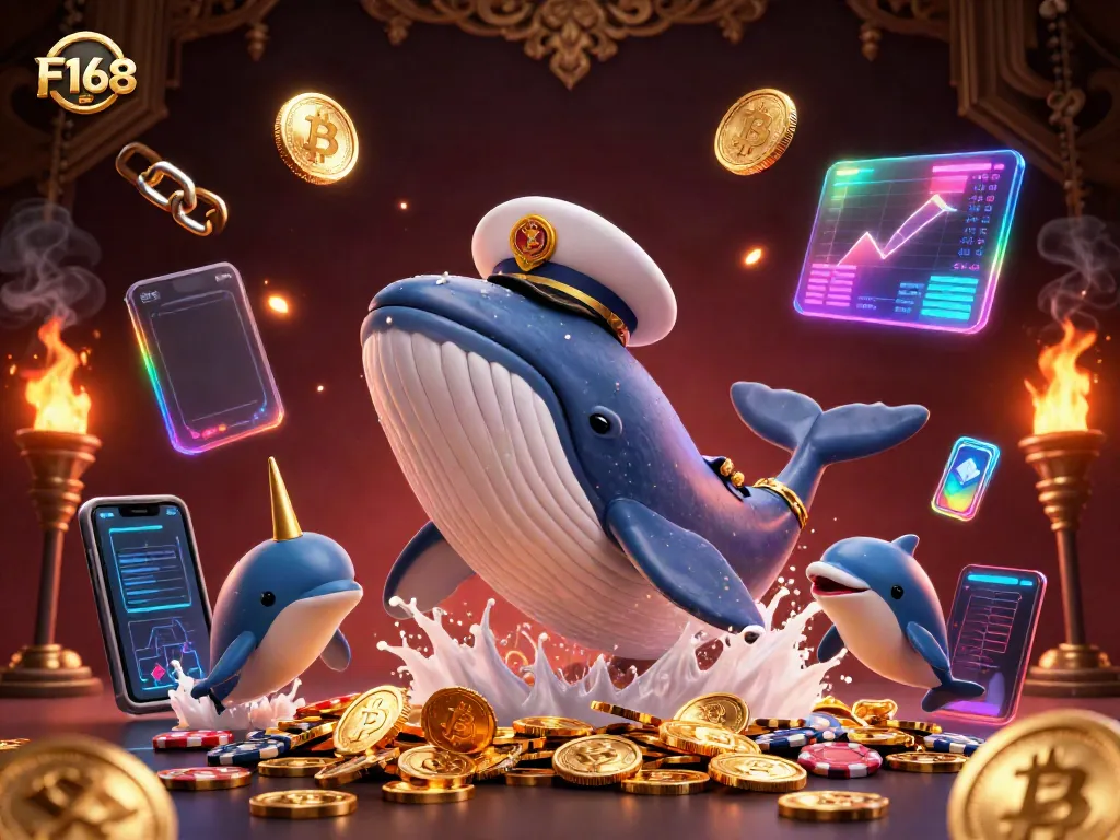 Experience the vibrant fantasy world of F168 with a playful scene featuring whales and dolphins surrounded by coins and cryptocurrencies.