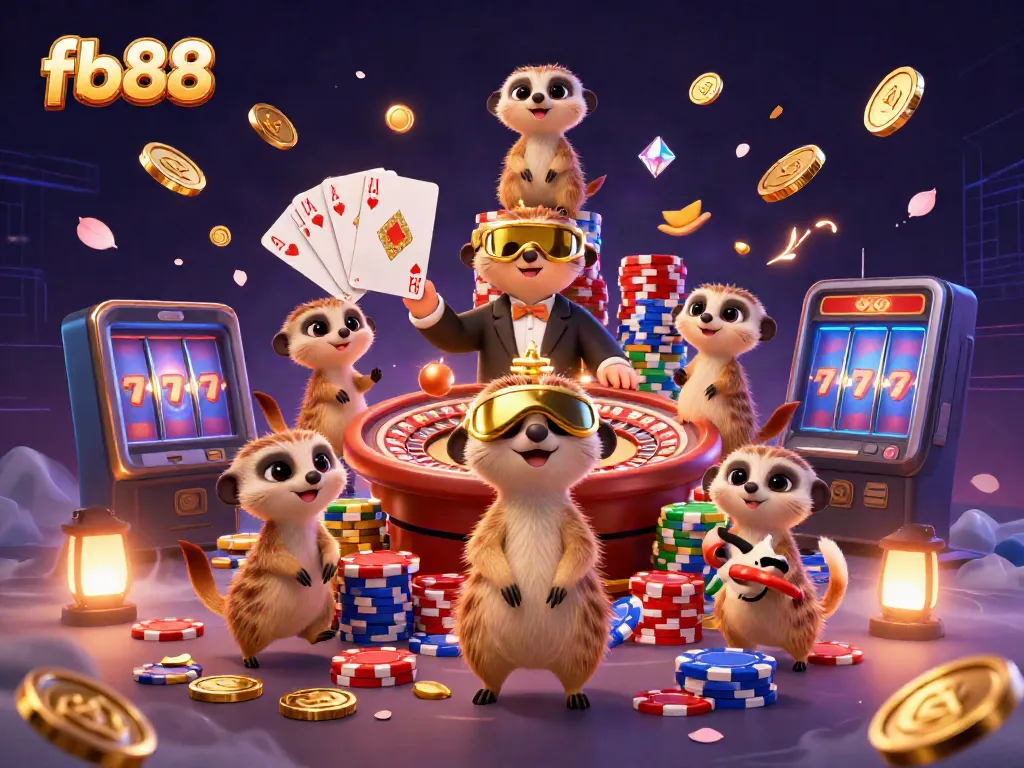 Engage in thrilling casino activities with fb88, featuring playful meerkats and vibrant gaming elements.