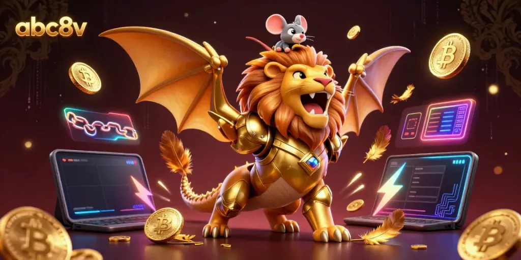 Experience thrilling online gaming with abc8v, featuring a chimera and digital coins in a captivating scene.