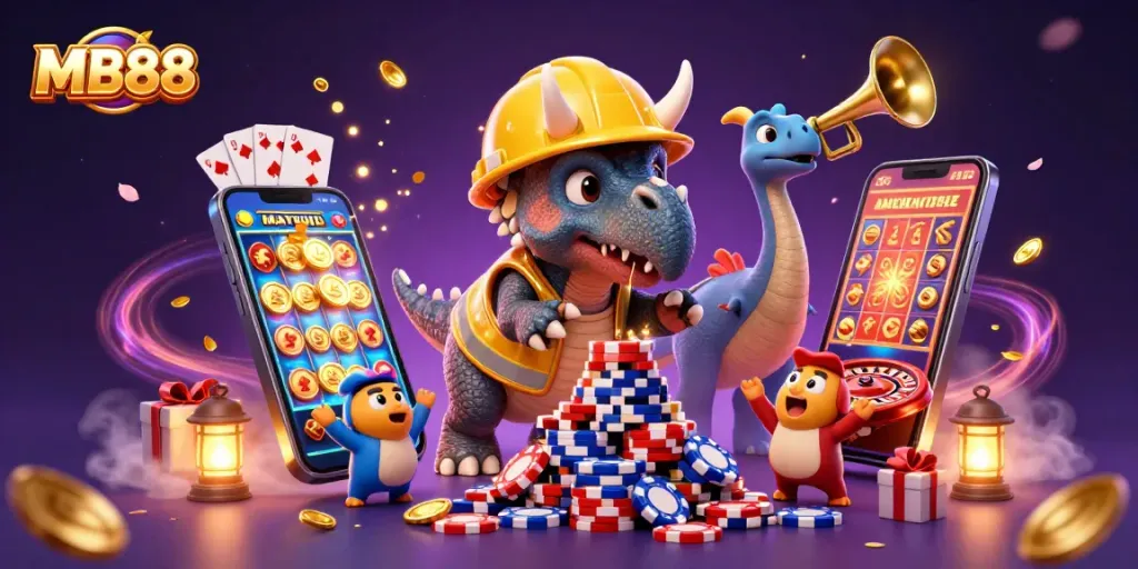 Experience thrilling gaming with MB88 featuring vibrant 3D characters celebrating casino wins amid poker chips and slot games.