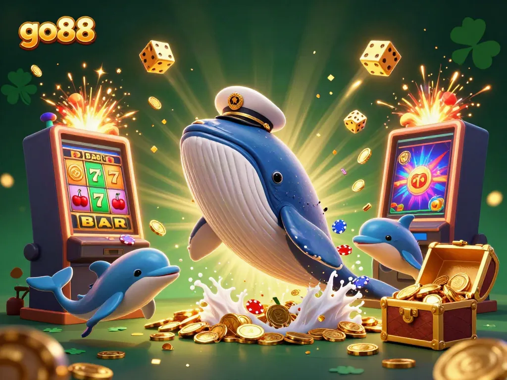 Engage with go88's exciting world as a giant whale and friends celebrate winning at casino games amidst a dazzling explosion of coins.