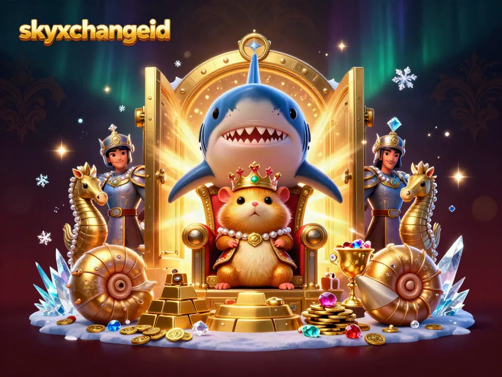 Join the action at skyxchangeid with the golden hamster king on his throne amidst treasure-filled gaming scenes.