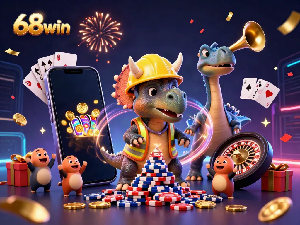 The 68win celebration scene with cartoon dinosaurs, poker chips, and a smartphone showcasing a slot game.