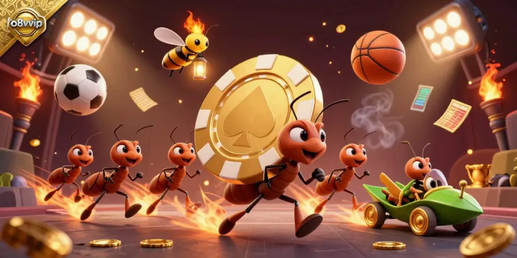 Experience thrilling gambling action with o8vvip in this dynamic heist scene featuring ants, poker chips, and festive sports elements.