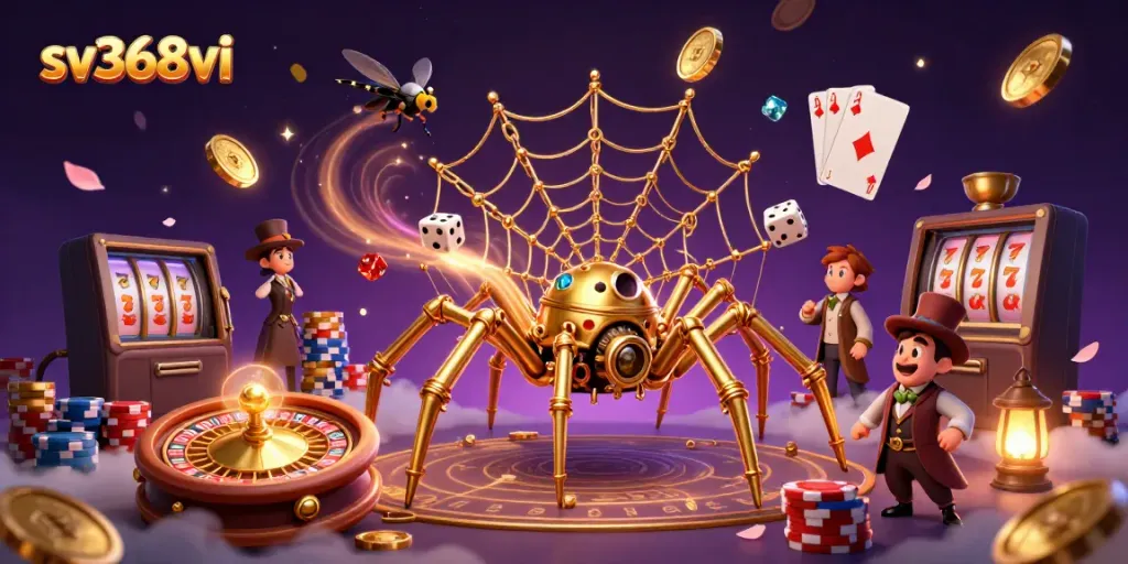 Engage with exciting sv368vi casino action featuring a steampunk spider and Victorian gentleman illustrated in a vibrant scene.