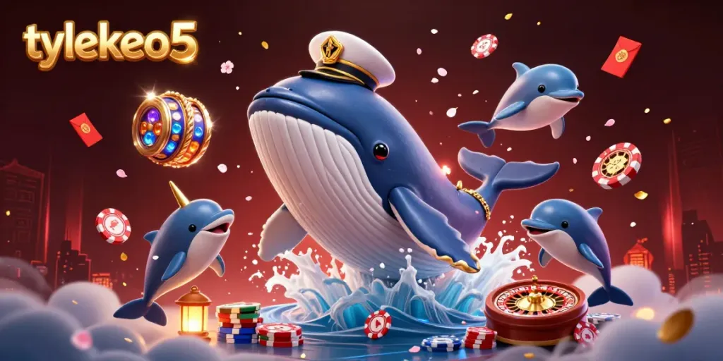 Experience the thrill of kazino with tylekeo5's vibrant casino scene featuring playful whales and poker chips.