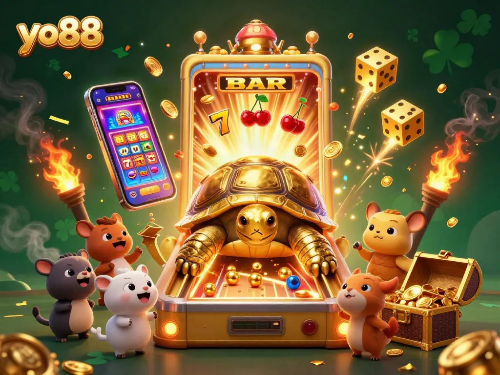 Experience excitement with yo88 in this lively casino illustration featuring a golden tortoise and thrilling jackpot.