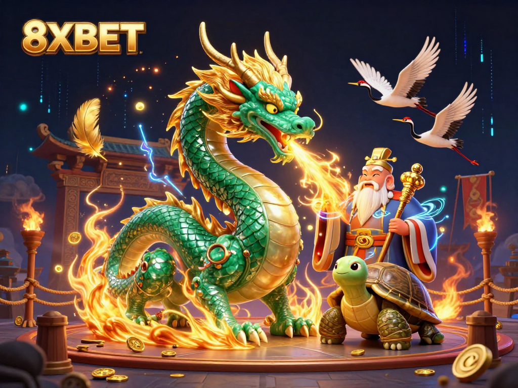 8XBET showcases an enchanting scene with a jade dragon and turtle sage in a vibrant casino setting.
