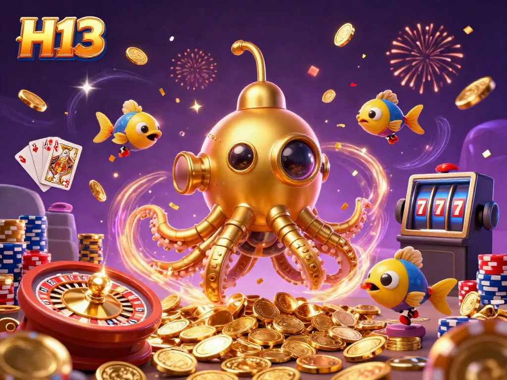 Join H13's thrilling gaming adventure, featuring a golden kraken submarine amidst cascading coins and vibrant casino elements.