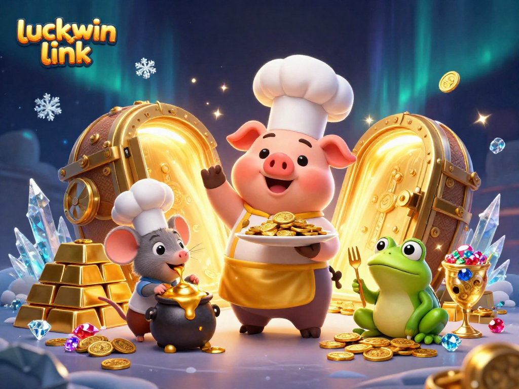 Engage with the luckywin link in a dazzling casino scene featuring golden coins, critters, and rich treasures.