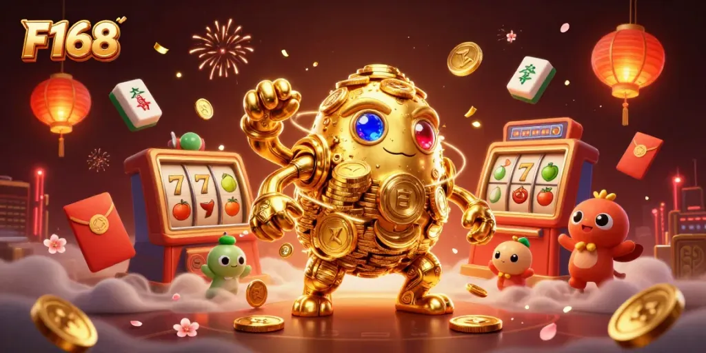 Engage with F168’s vibrant casino world featuring golden golems and dazzling slot machines.