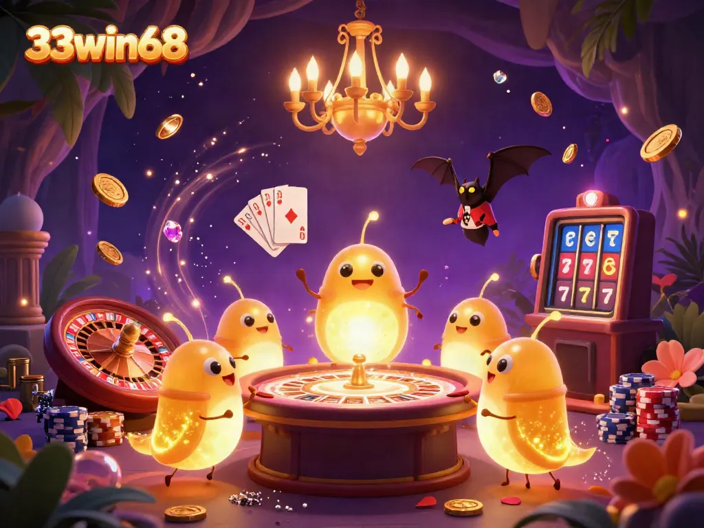 Experience the vibrant world of 33win68 with bioluminescent glowworms lighting up a dynamic casino scene.