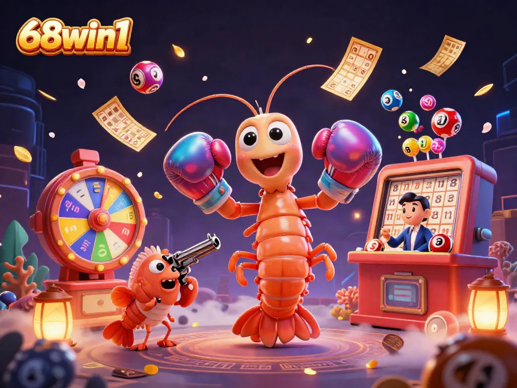 Engage with 68win1 as colorful lottery elements and ocean-themed characters create a lively casino atmosphere.