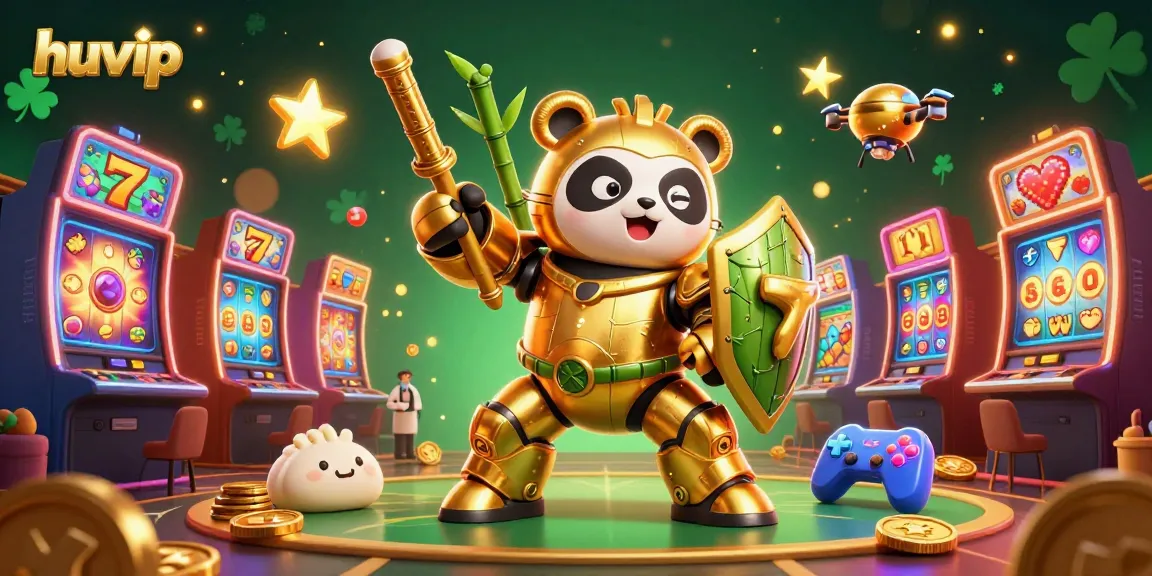 The huvip logo illuminates a vibrant casino scene with a golden panda in a mech-suit amid slot machines and roaring cheers.