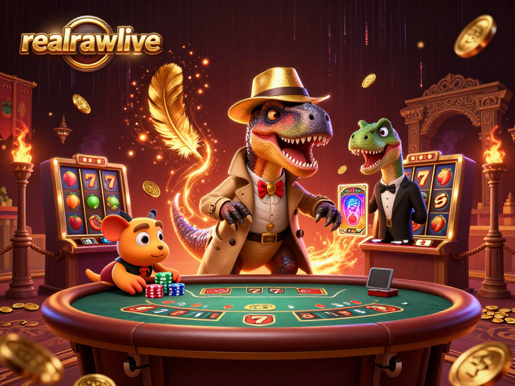 Engage in thrilling action at realrawlive with a velociraptor card counter and dinosaur pit boss at a vibrant casino scene.