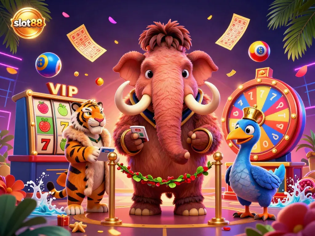 Experience the lively atmosphere of slot88 with a cartoon mammoth checking IDs at a casino entrance.